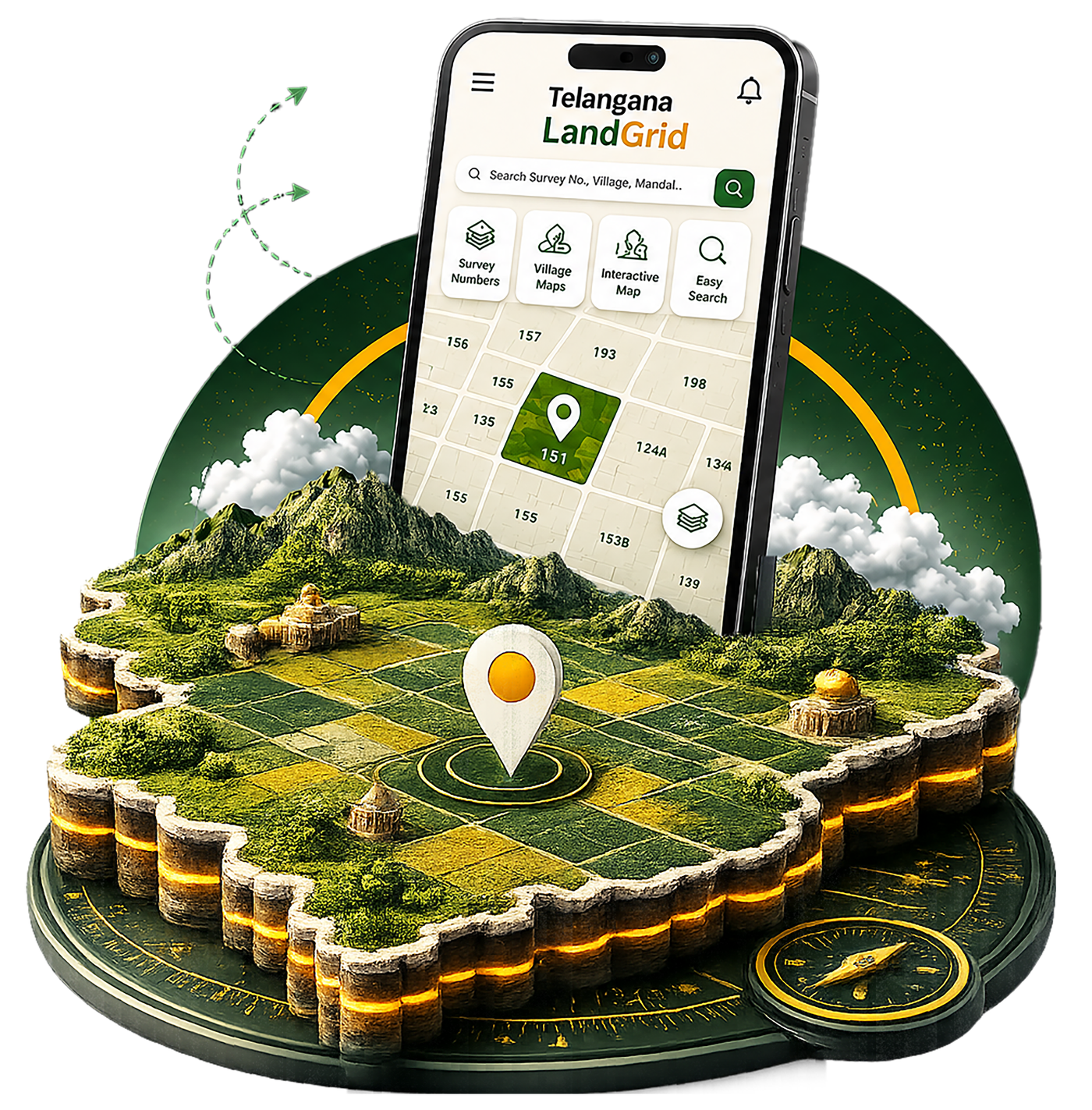 Telangana LandGrid app on a phone, overlaid on an illustrated 3D map of Telangana showing survey plots