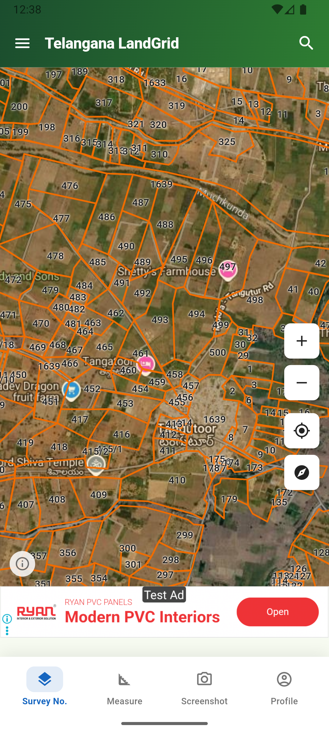 Telangana LandGrid app showing dense survey number boundaries on satellite map