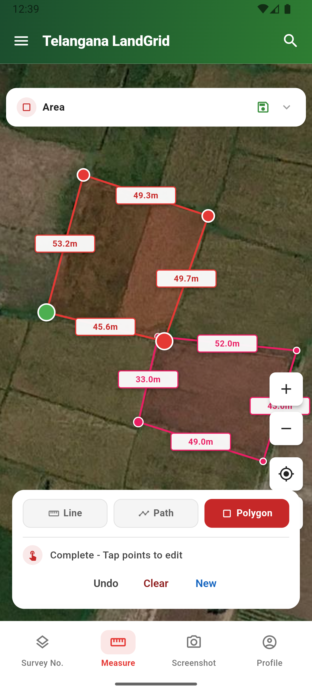 Drawing and measuring a land area polygon on satellite map in LandGrid app