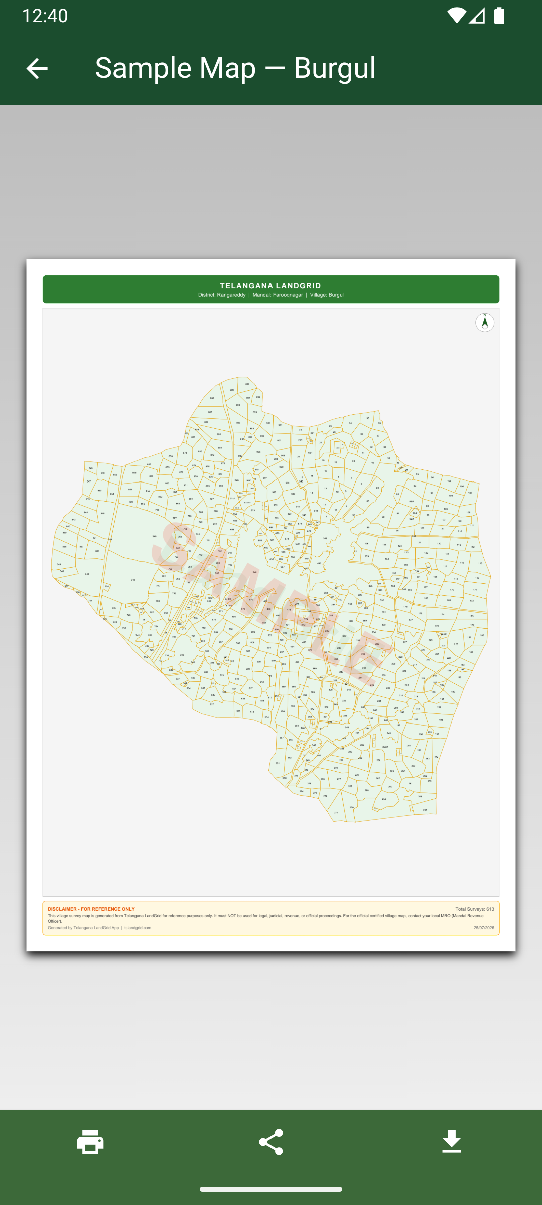 Sample printable village survey map PDF preview in Telangana LandGrid app