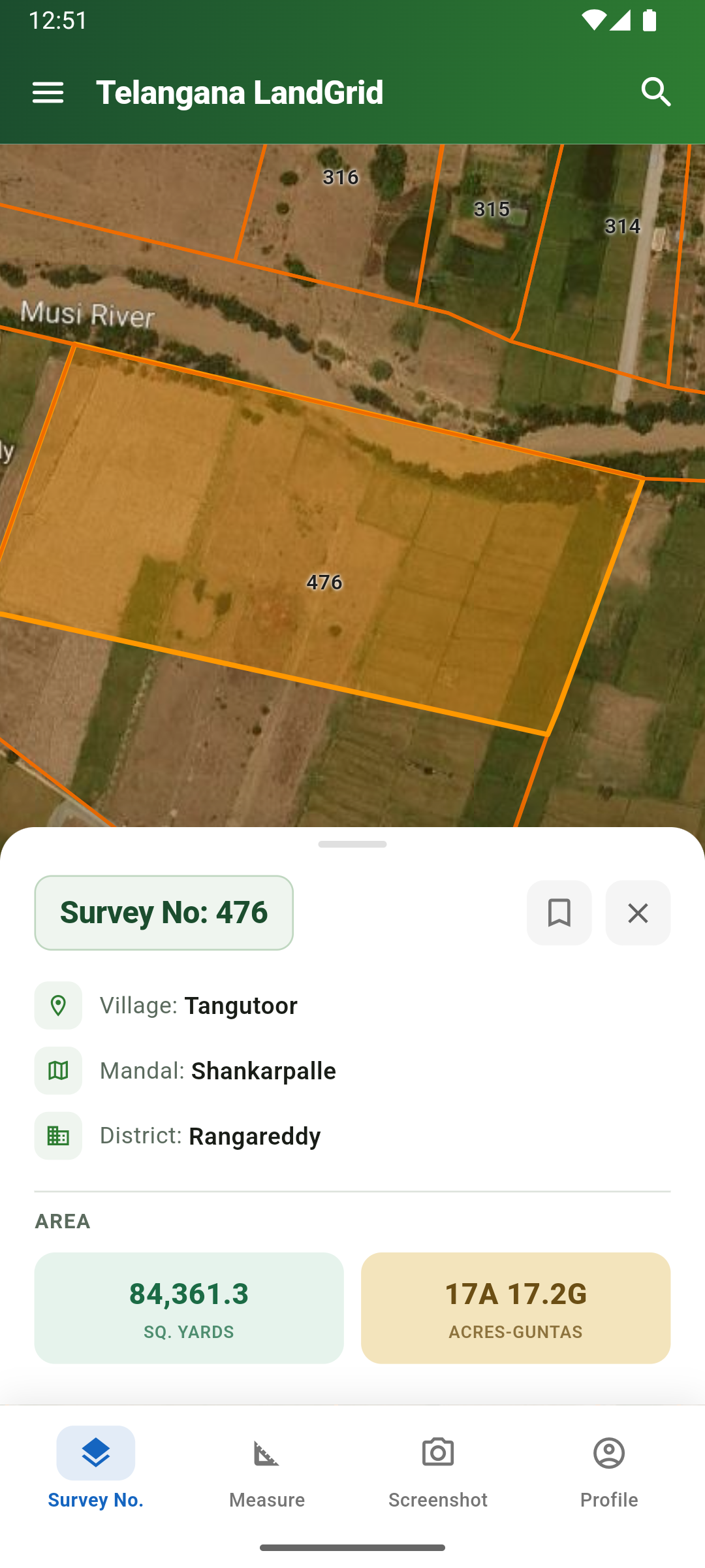 Survey number detail sheet showing village, mandal, district and area in acres and guntas