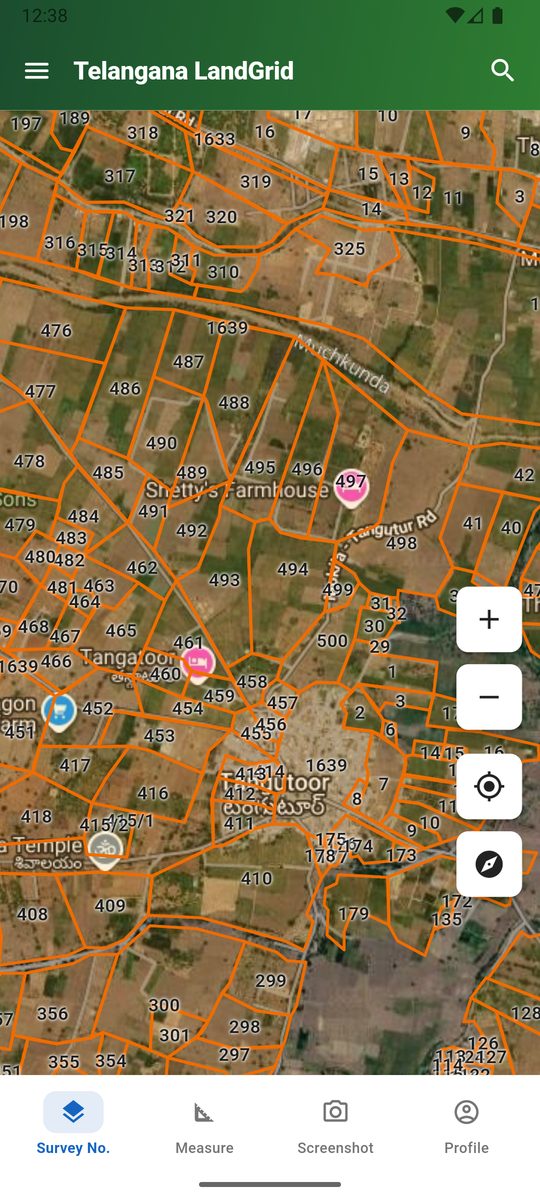 Telangana LandGrid app showing dense survey number boundaries on satellite map