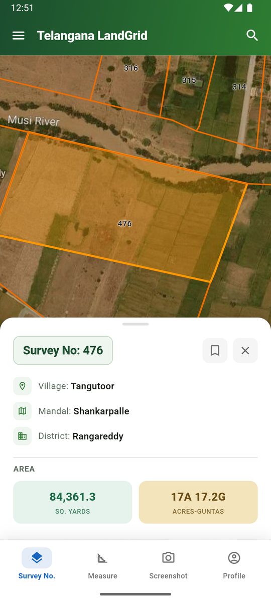 Survey number detail sheet showing village, mandal, district and area in acres and guntas