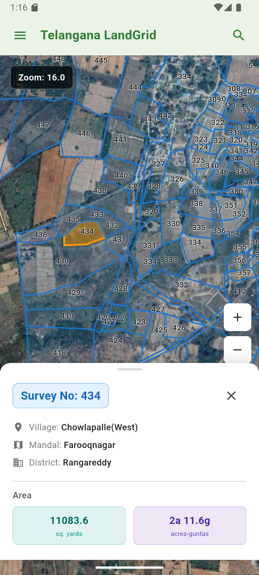 Telangana LandGrid app showing satellite map with survey boundaries, survey numbers, and land area details