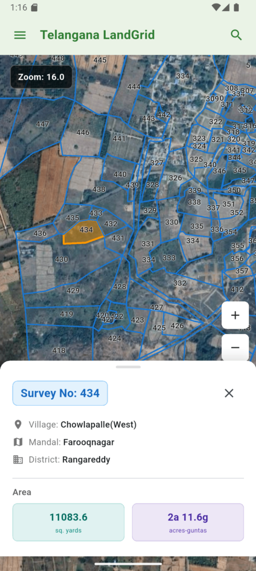 Telangana LandGrid app showing survey boundaries on satellite map