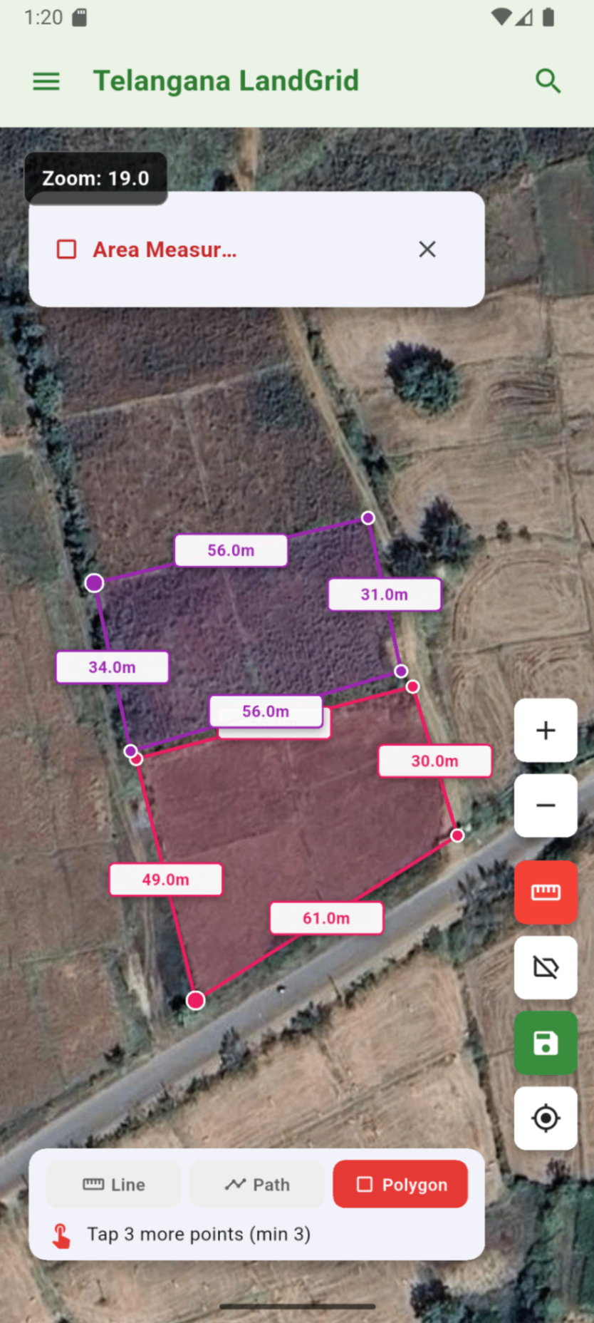 Village, mandal and district details for a selected survey plot